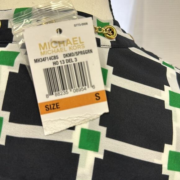 NWT Michael Kors Navy and Green Geometric Blouse with Gold Chain Accent - Size M - Picture 10 of 12